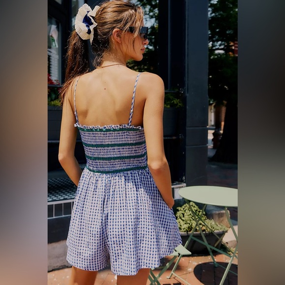 Free People Bali Checked Out Printed Romper in Blue Combo - Picture 2 of 6